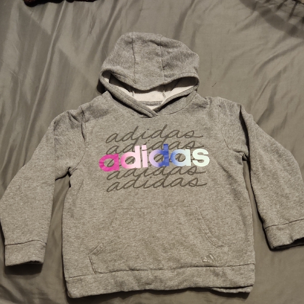 Adidas Kids Gray Hoodie with Multicolor Logo Girls M